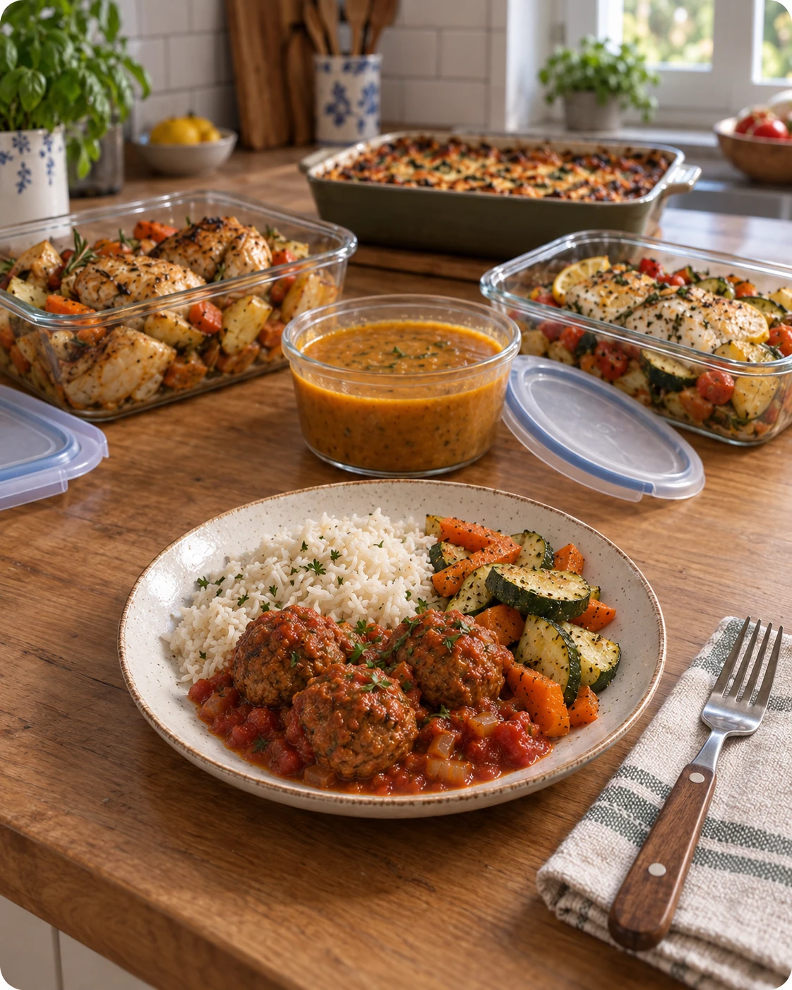 Refeição caseira com almôndegas, arroz e legumes